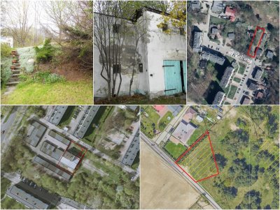Kolaż, dwa zdjęcia nieruchomości w Gdyni - skarpa, zieleń, stary budynek gospodarczy z drewnianymi drzwiami, trzy fragmenty ortofotomapy miasta z zaznaczonymi czerwonym obrysem nieruchomościami na sprzedaż