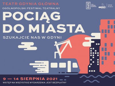 Na fioletowym tle grafika jadącego pociągu, żurawia stoczniowego i gdyńskiego Sea Towers. Nad nimi po lewej stronie napis 