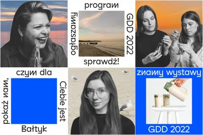 grafika zapowiadająca gdynia design days, kafelki przedstawiają kobiety oraz morskie akcenty