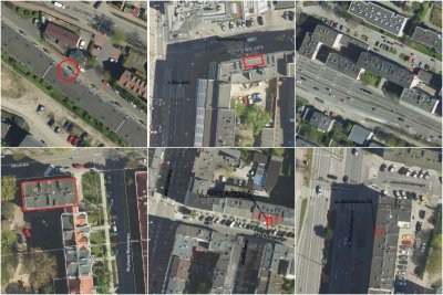 Kolaż sześciu fragmentów map Gdyni. Widoczne lotnicze rzuty różnych ulic. Budynki, ulice, chodniki, nazwy ulic. Na każdym fragmencie na czerwono zaznaczone lokale na wynajem na obrysie budynków.