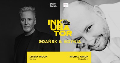 Grafika podzielona na dwie połówki - po lewej i prawej stronie czarnobiałe zdjęcia meżczyzn. Na środku jaskrawożółte napisy 