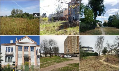 Kolaż z 6 zdjęć nieruchomości w Gdyni - widoczne pola, nieużytki, zabudowania mieszkalne, budynki