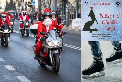 Kolaż 3 zdjęć. Po lewej stronie ludzie w strojach Mikołaja jadą na motocyklach, po prawej stronie łyżwy i grafika wydarzenia 
