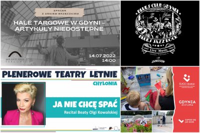 Kolaż zdjęć, od lewego górnego zgodnie z zegarem: spacer po Halach Targowych z Arkiem Brzęczkiem; Jam Session w Blues Clubie; Międzypokoleniowy Festiwal Literatury Dziecięcej - Ojce i Dziatki; recital Beaty Olgi Kowalskiej. Źródło: materiały promocyjne organizatorów