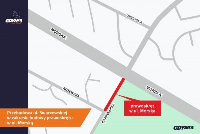 Mapa lokalizacji inwestycji pn. Przebudowa ul. Swarzewskiej, w zakresie budowy prawoskrętu z ul. Swarzewskiej w ul. Morską, mat. WI UM Gdyni