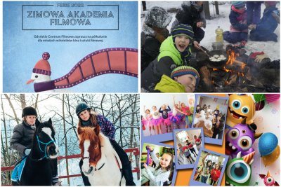 Kolaż zdjęć, od lewego górnego zgodnie z zegarem: Zimowa Akademia Filmowa w Gdyńskim Centrum Filmowym; Ferie bardzo terenowe w Kolibki Adventure Park; Camp Kids Winter 2 z Travel Kids; Ferie z końmi w Kolibki Adventure Park. Źródło: materiały promocyjne organizatorów