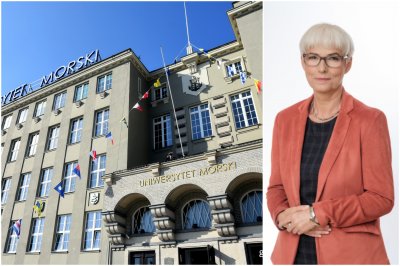 Kolaż zdjęć: po lewej elewacja frontowa budynku Uniwersytetu Morskiego w Gdyni, po prawej zdjęcie portretowe Joanny Zielińskiej na jasnym tle