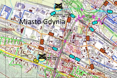 Fragment mapy projektowej, Gdynia, fragment Grabówka i Chyloni oraz Leszczynek, widoczne oznaczenia projektowe, nazwy geograficzne