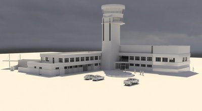 Trójwymiarowa, biało-beżowa makieta 3D budynku przy gdańskim lotnisku z wieżą kontroli lotów