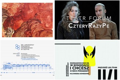 Kolaż zdjęć, od lewego górnego zgodnie z zegarem: pokonkursowa wystawa malarstwa Konkursu im. W. Fangora (praca Anny Kwiatkowskiej); Małgorzata Polakowska i Jacek Panek o kulisach spektaklu Teatru Gdynia Główna 