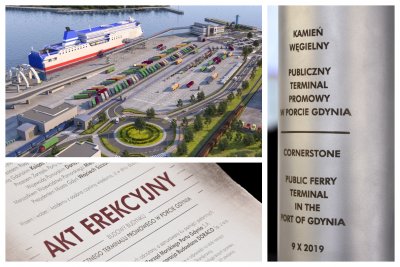 Wmurowano kamień węgielny pod budowę nowego publicznego terminalu promowego w Gdyni. Na zdjęciu widoczna wizualizacja terminalu (materiały Portu Gdynia) oraz aktu erekcyjnego i tuby kamienia węgielnegi (fot. Paweł Kukla)