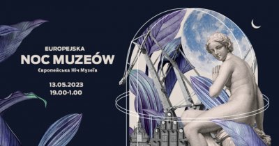 na grafice zamyślona kobieta-rzeźba, kwiaty i noc oraz napis Europejska Noc Muzeów
