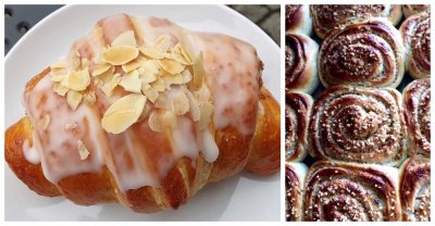 Kolaż zdjęć: rogal z Trafik Jedzenie i Przyjaciele; Zawijaski marcińskie z białym makiem, miodem i orzechami z Cup & Cakes.