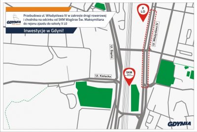 Na mapce pokazany jest przebieg odcinka przebudowanej trasy rowerowej na ul. Władysława IV // mat.pras #DzielnicewGdyni
