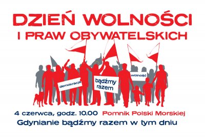 Grafika zapowiadająca wydarzenie 4 czerwca. Na grafice ludzie w biało-czerwonych barwach z flagami narodowymi.