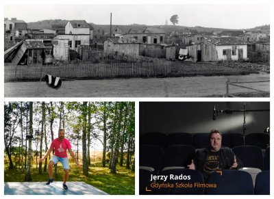 Depesza kulturalna. Od góry zgodnie z zegarem: oprowadzanie po wystawie Muzeum Miasta Gdyni, n/z Niezidentyfikowana do dziś ulica, najpewniej w okolicy obecnych Leszczynek. Źródło: Muzeum Miasta Gdyni; Warsztaty filmowe n/z Jerzy Rados; Warsztaty stepowania n/z Karol Drzewoszewski
