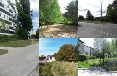 Kolaż pięciu zdjęć działek w Gdyni. Widoczne fragmenty ulic i chodników, krzewów, drzew i pustego terenu
