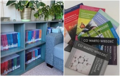 Dwa zdjęcia: po lewej regał z książkami, obok sofa. Po prawej rozłożone na blacie poradniki dla osób z nowotworami