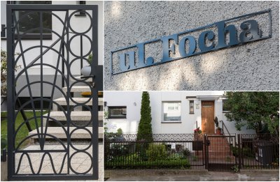 Trzy zdjęcia: po lewej metalowa, ozdobna furtka w geometryczne kształty, u góry metalowy napis 