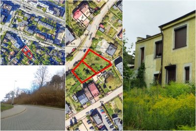 Kolaż czterech obrazów: zdjęcie domu jednorodzinnego z zieloną elewacją, dwa fragmenty ortofotomap Gdyni z zaznaczonymi na czerwono obrysami nieruchomości przeznaczonych na sprzedaż, działka przy drodze z kostki brukowej, roślinność