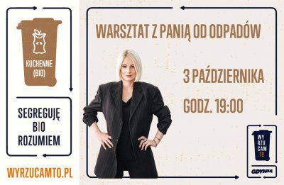 Plansza promocyjna, spotkanie z Panią od odpadów. Kobieta w czarnej marynarce, napisy, termin spotkania, tytuł, beżowe tło
