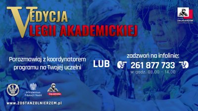 Plansza promująca piątą edycję Legii Akademickiej. Niebieskie tło, napisy, logotypy organizatorów