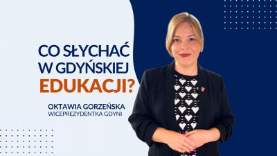 Biało-granatowe tło, Oktawia Gorzeńska na zdjęciu, napis 