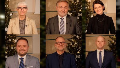 Kolaż zdjęć. Górny rząd (od lewej): Joanna Zielińska - przewodnicząca Rady Miasta Gdyni, Wojciech Szczurek - prezydent Gdyni, Katarzyna Gruszecka-Spychała - wiceprezydent Gdyni ds. gospodarki. Dolny rząd (od lewej): Marek Łucyk - wiceprezydent Gdyni ds. rozwoju, Michał Guć - wiceprezydent Gdyni ds. innowacji, Bartosz Bartoszewicz - wiceprezydent Gdyni ds. jakości życia