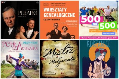 na grafice plakaty weekendowych aktywności: kobieta przebrana za pchłę Szachrajkę, zdjęcie rodzinne, kadr z Pułapki, biegnący ludzie i afisz Mistrza i Małgorzaty wypisany krwawym atramentem