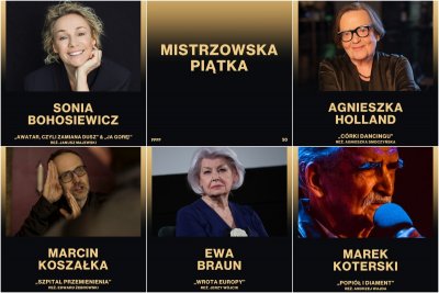 Tegoroczna Mistrzowska Piątka (od lewej u góry): Sonia Bohosiewicz, Agnieszka Holland, Marcin Koszałka, Ewa Braun i Marek Koterski (mat. prasowe FPFF)