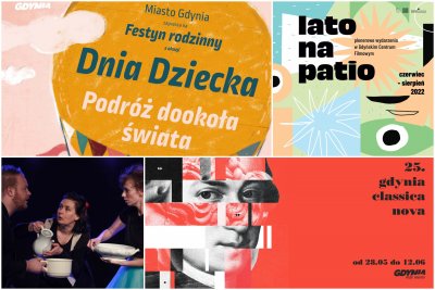grafika-kolaż: Dzień Dziecka, Gdynia Classica Nova i Lato na patio