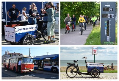 Kolaż zdjęć: w lewym górnym rogu: rower cargo, pracownicy Gdynia mobilna oraz mieszkanka Gdyni, w prawym górnym rogu: rowerzyści na drodze rowerowej i licznik rowerowy, w dolnym lewym rogu: pojazdy komunikacji miejskiej w Gdyni, w prawym dolnym rogu: rower cargo na bulwarze Nadmorskim, fot. gdynia.pl 