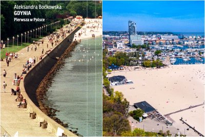 Od lewej: bulwar Nadmorski na okładce książki Aleksandry Boćkowskiej pt. „Gdynia. Pierwsza w Polsce” i widok na plażę Śródmieście z lotu ptaka (fot. mat. prasowe i Michał Sałata)