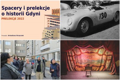 Kolaż zdjęć, od lewego górnego zgodnie z zegarem: Spacery i prelekcje o historii Gdyni; historia samochodu Jamesa Deana; teatrzyk dla dzieci 