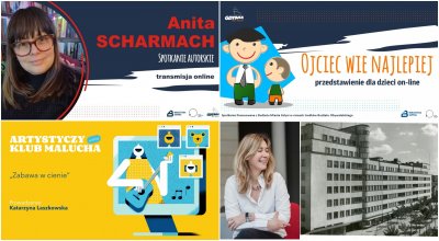 Kolaż zdjęć, od lewego górnego zgodnie z ruchem wskazówek zegara: spotkanie autorskie z Anitą Scharmach, spektakl 