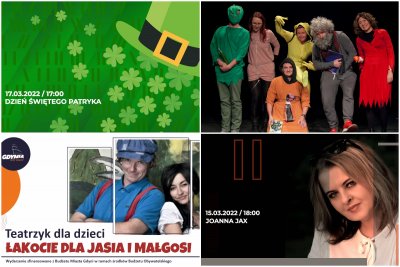 Depesza kulturalna - kolaż zdjęć, od lewego górnego zgodnie z zegarem: Dzień Świętego Patryka w Bibliotece Gdynia; Teatrzyk Bezwstydny w Konsulacie Kultury; spotkanie autorskie z Joanną Jax; teatrzyk dla dzieci 