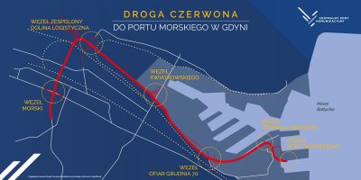 Granatowy fragment mapy drogowej Gdyni. Na czerwono zaznaczony przebieg Drogi Czerwonej. Logotyp spółki CPK