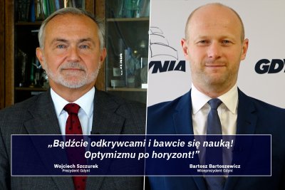 Prezydent Gdyni Wojciech Szczurek i Bartosz Bartoszewicz, wiceprezydent Gdyni ds. jakości życia, z życzeniami dla uczniów