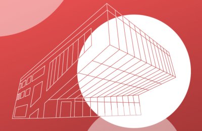 Czerwono-biała grafika promująca konkurs GCF. Widocnzy geometryczny obrys budynku GCF na czerwonym tle
