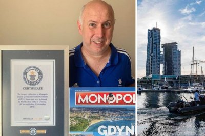 Kolaż: po lewej stronie Neil Scallan pozuje z certyfikatem Księgi Rekordów Guinnessa i grą Monopoly Gdynia. Po prawej widać Sea Towers oraz motorówkę na wodzie w Marina Yacht Park.