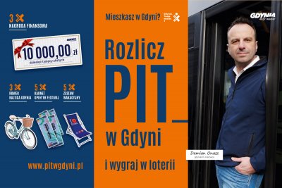 Grafika promująca 7. edycję loterii „Rozlicz PIT w Gdyni”. Po prawej: ambasador tegorocznej loterii Damian Onasz – kierowca (mat. prasowe)