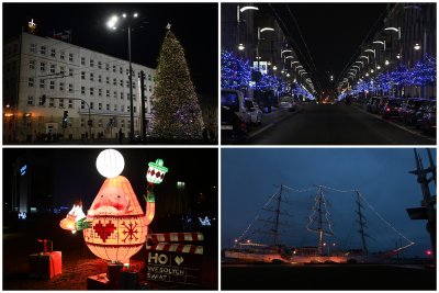 Świąteczne ozdoby pojawiły w różnych miejscach Gdyni. Na zdjęciach: choinka przed Urzędem Miasta (zdjęcie lewe-górne), ul. Świętojańska (górne-prawe), Święty Mikołaj na placu Grunwaldzkim (lewe-dolne) oraz choinka na masztach Daru Młodzieży (prawe-dolne) // fot. Michał Puszczewicz