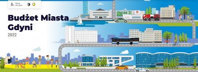 Zrzut ekranu ze strony Kalkulatora Mieszkańca, grafika rysunkowa miasta i napis Budżet Miasta Gdyni 2022