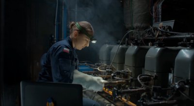 Kadr z filmu promocyjnego Akademii Marynarki Wojennej w Gdyni. Maszynownia okrętu, dym w powietrzu, aparatura i przewody, studentka w wojskowym mundurze z latarką czołową dokręca w rękawicach zawór na rurze.