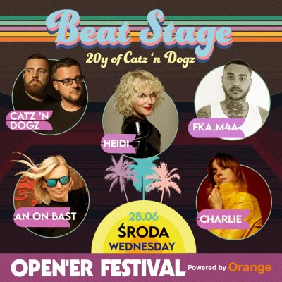 W tym roku zagrają w festiwalową środę Catz’N’Dogz, Heidi, FKA.M4A, An On Bast oraz Charlie podczas koncertu Opener Festiwal 2023.