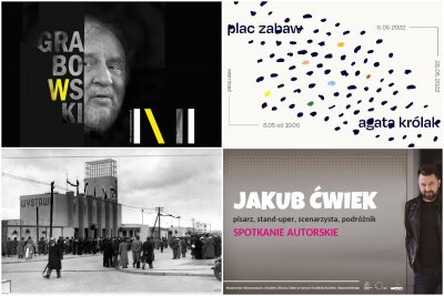 Kolaż zdjęć, od lewego górnego zgodnie z zegarem: spotkanie z autorem Andrzejem Grabowskim w Bibliotece Śródmieście; wernisaż wystawy 