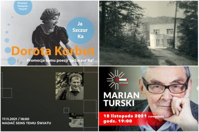 Kolaż zdjęć, od lewego górnego zgodnie z zegarem: Ja Szczur Ka na Strychu - spotkanie poetyckie; fotografia Tadeusza Wańskiego; Biesiada Literacka z Marianem Turskim, spotkanie literackie poświęcone Henrykowi Wujcowi. Źródło: materiały organizatorów 