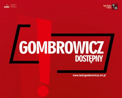 na grafice czerwone tło, wykrzyknik i napis Gombrowicz dostępny