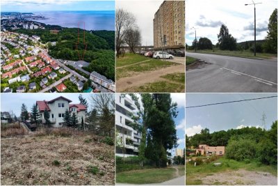 Kolaż sześciu zdjęć nieruchomości w Gdyni. Widoczne tereny zielone, budynki, ulice, ogrodzenia