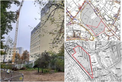 Po lewej zdjęcie niezabudowanej działki w Śródmieściu Gdyni, obok budynki, po prawej stronie dwa czarno-białe fragmenty technicznych map Gdyni z zaznaczonymi na czerwono działkami na sprzedaż
